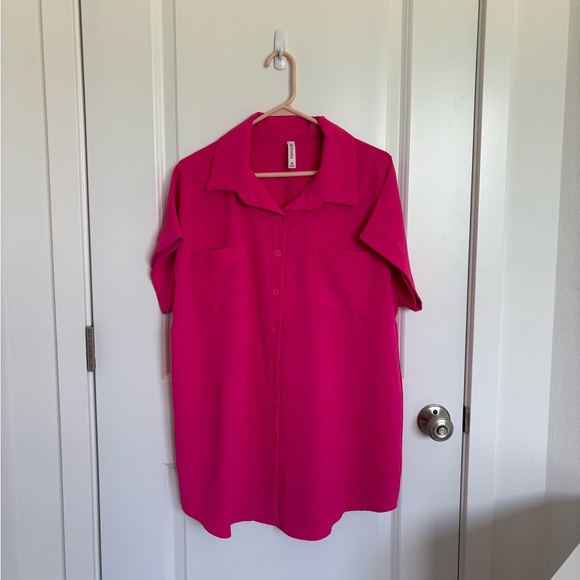 Zenana Woven Airflow Button Down Shirt Pink - Picture 2 of 5